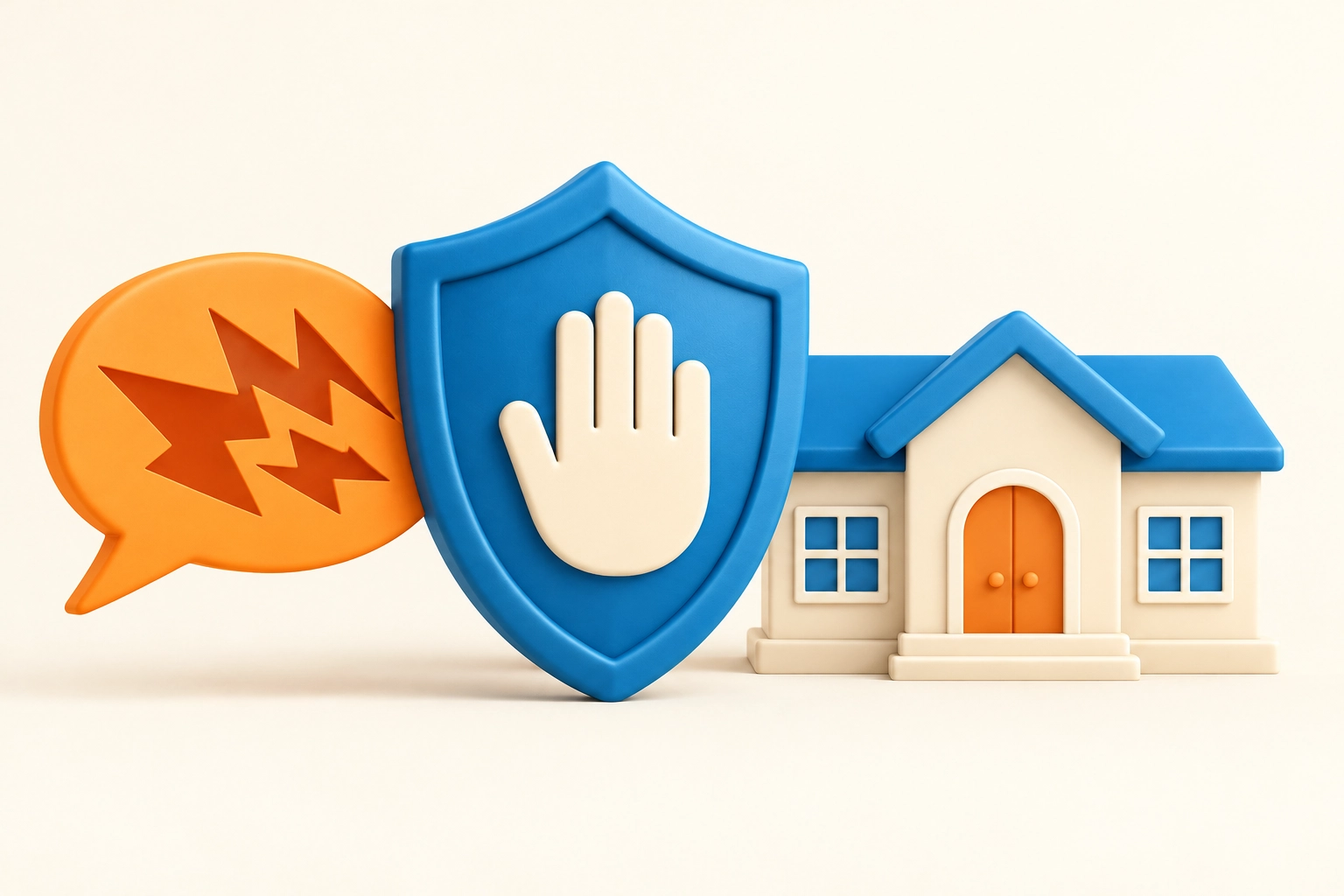 درع بعلامة توقف يحجب كلامًا مؤذيًا أمام مدرسة، تعبيرًا عن مواجهة التنمر المدرسي وحماية الطلاب.